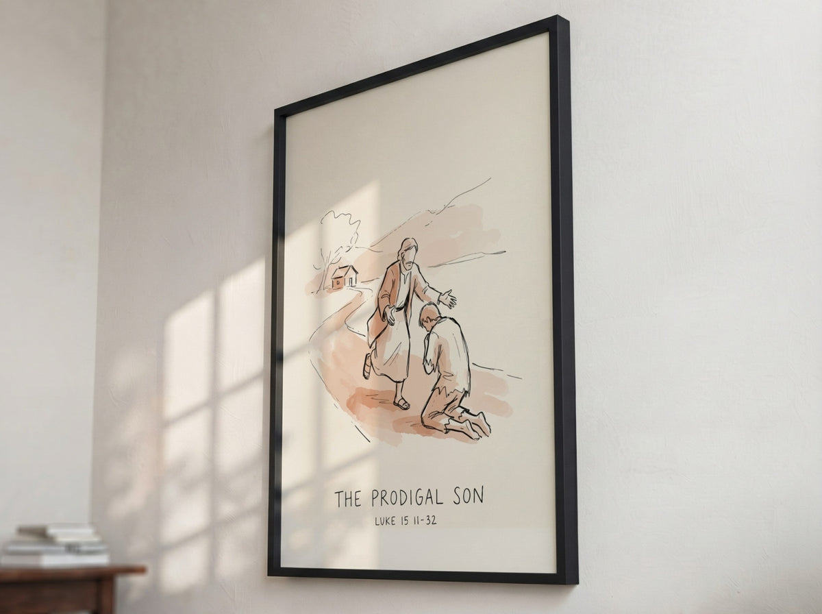 Poster featuring The Prodigal Son illustration with soft watercolor tones and simple minimalist lines.