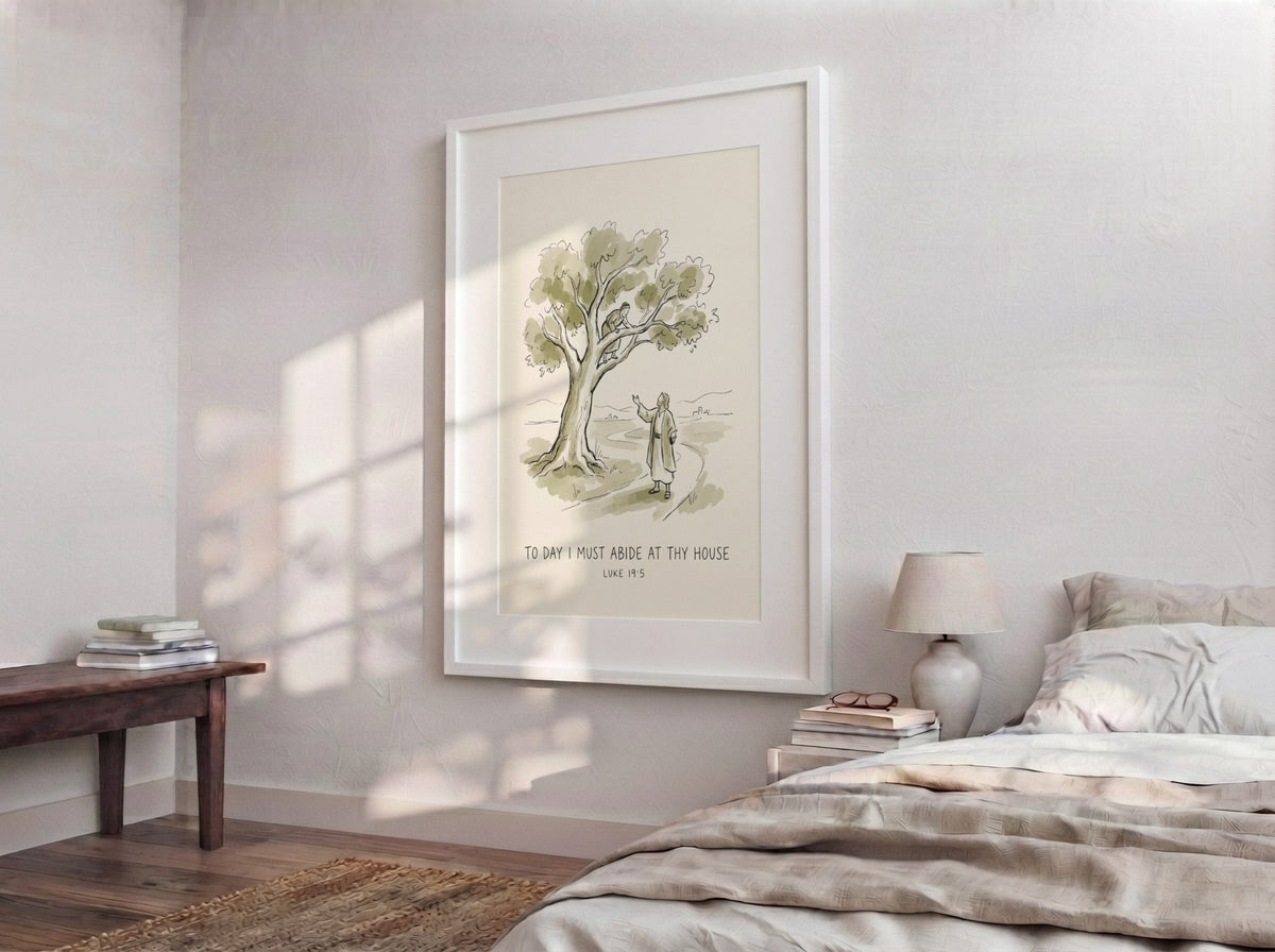 Poster featuring Jesus calling to Zacchaeus in a tree with the text To Day I Must Abide At Thy House.