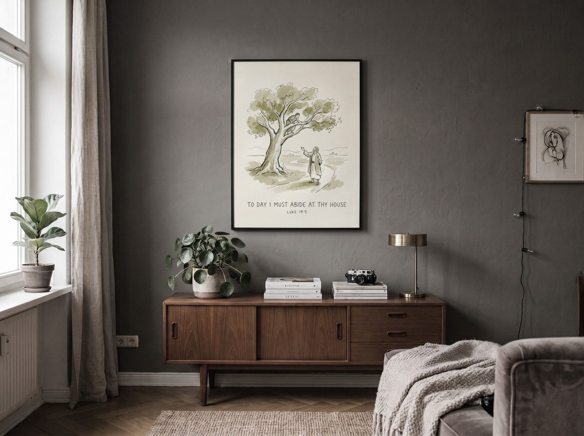 Poster featuring Jesus calling to Zacchaeus in a tree with the text To Day I Must Abide At Thy House.