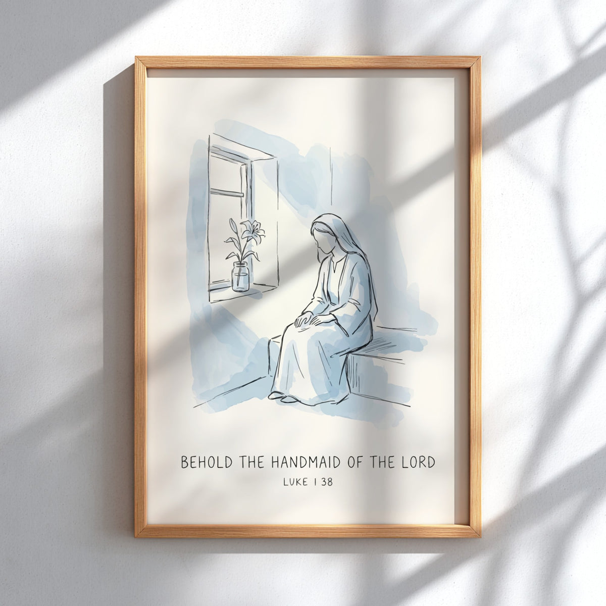 Poster featuring a minimalist blue line drawing of Mary with lily and scripture text.