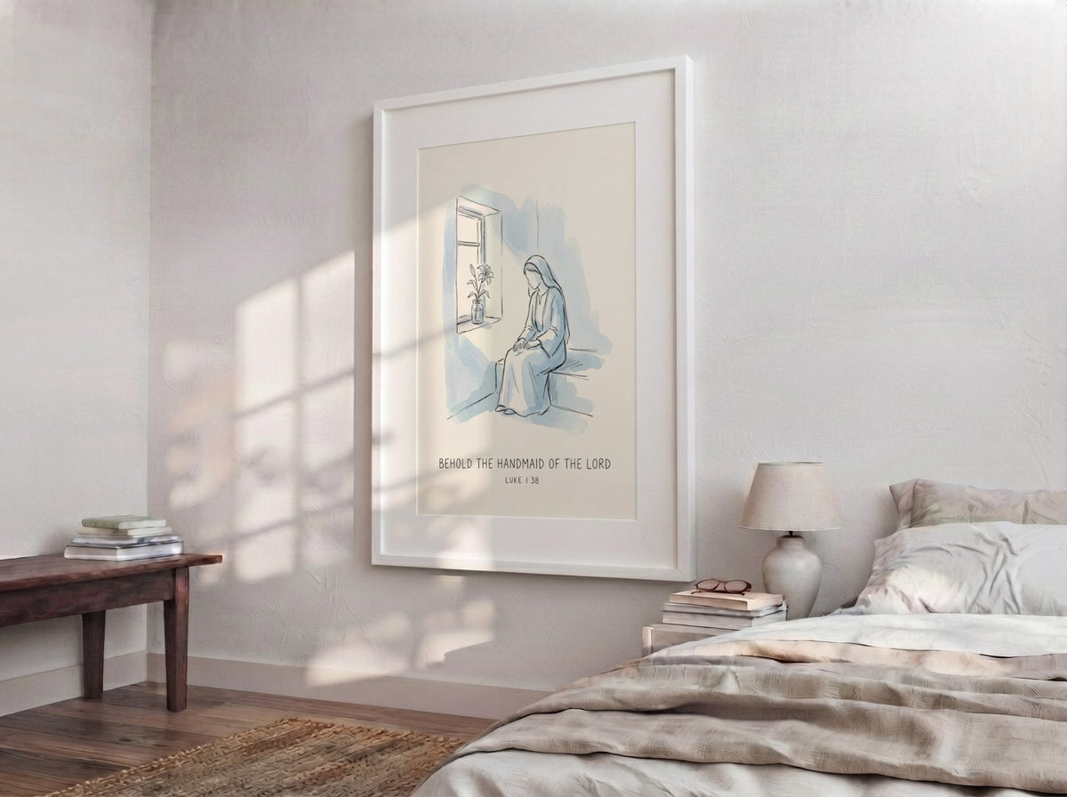 Poster featuring a minimalist blue line drawing of Mary with lily and scripture text.