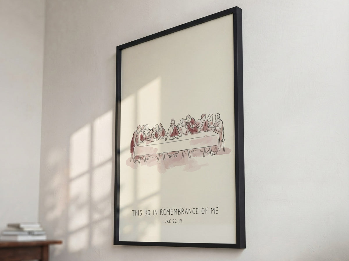 Last Supper poster with soft watercolour figures and the words This Do In Remembrance