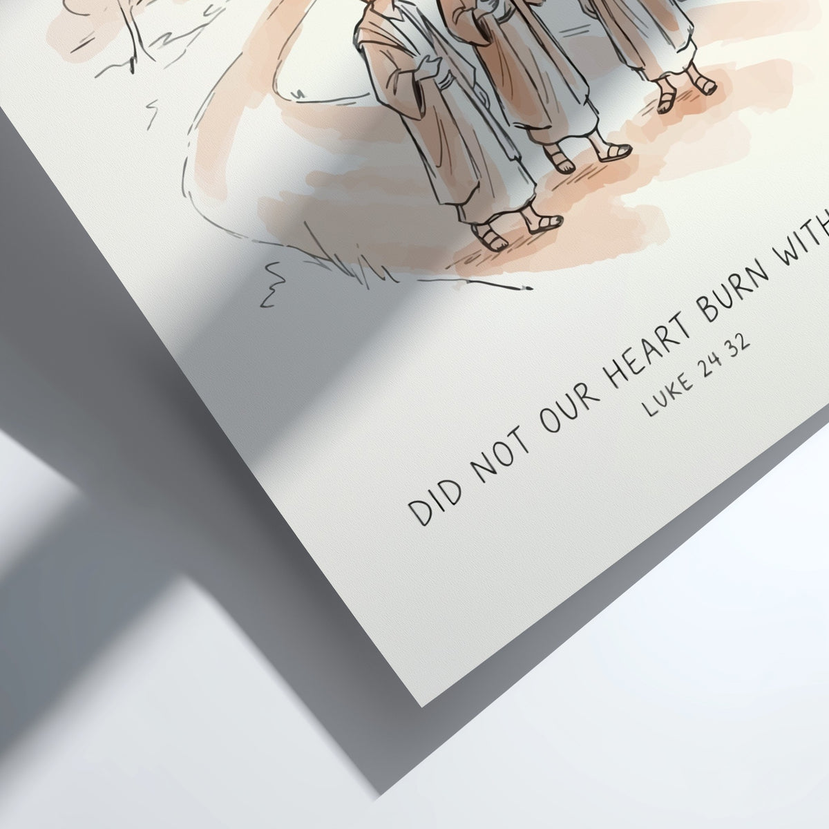 Poster featuring a gentle illustration of three men walking on a road with warm tones.