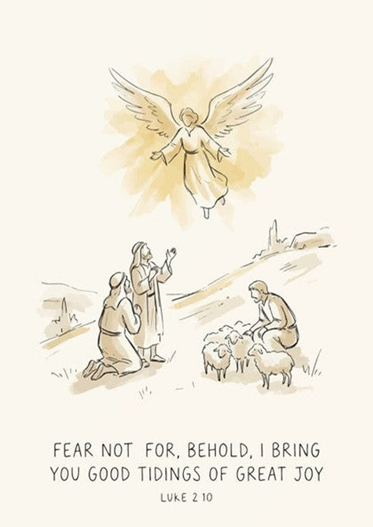 Poster featuring an angel appearing to shepherds with the text Fear Not For Behold