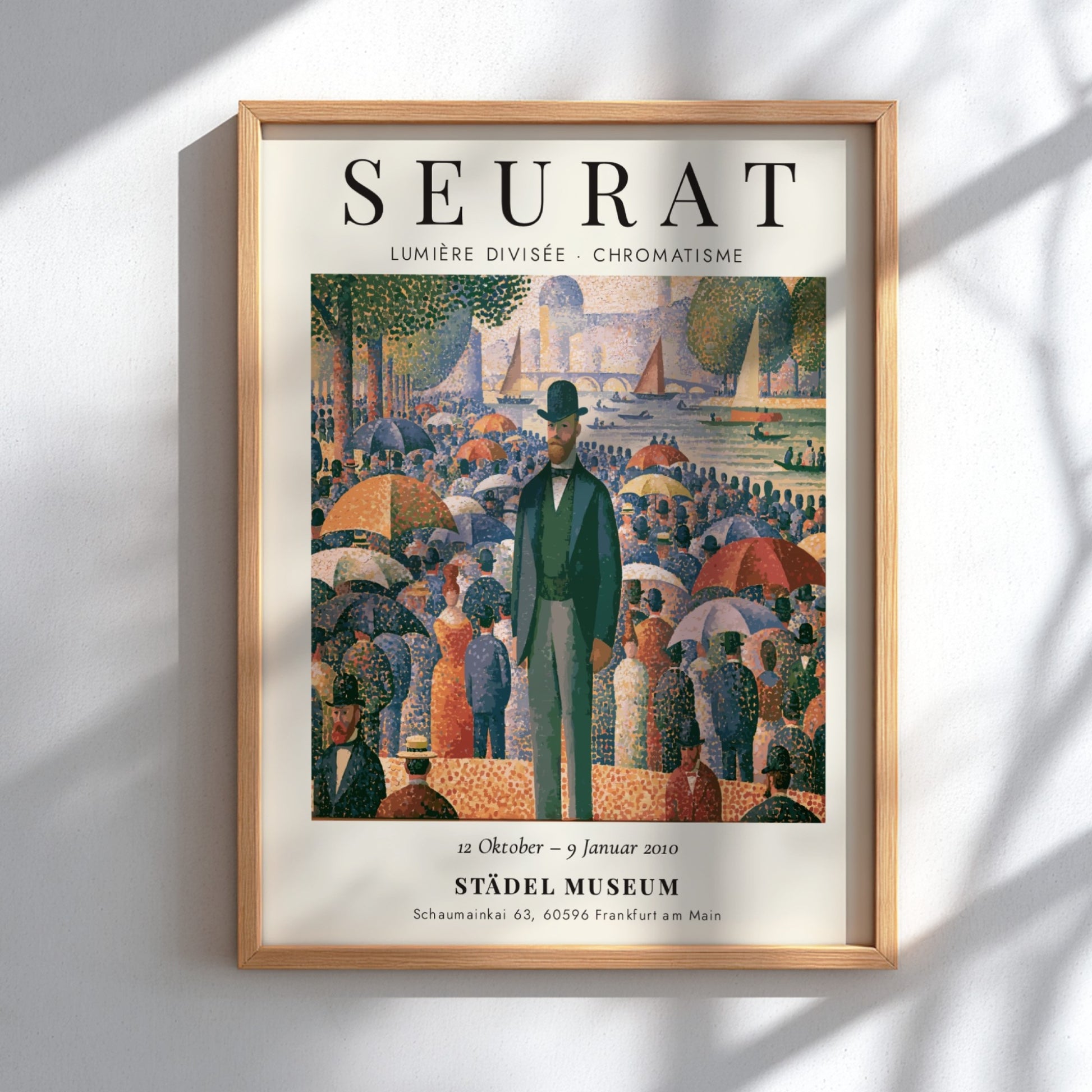 Seurat exhibition poster featuring vibrant colors and pointillist style, showcasing Lumière Divisée -