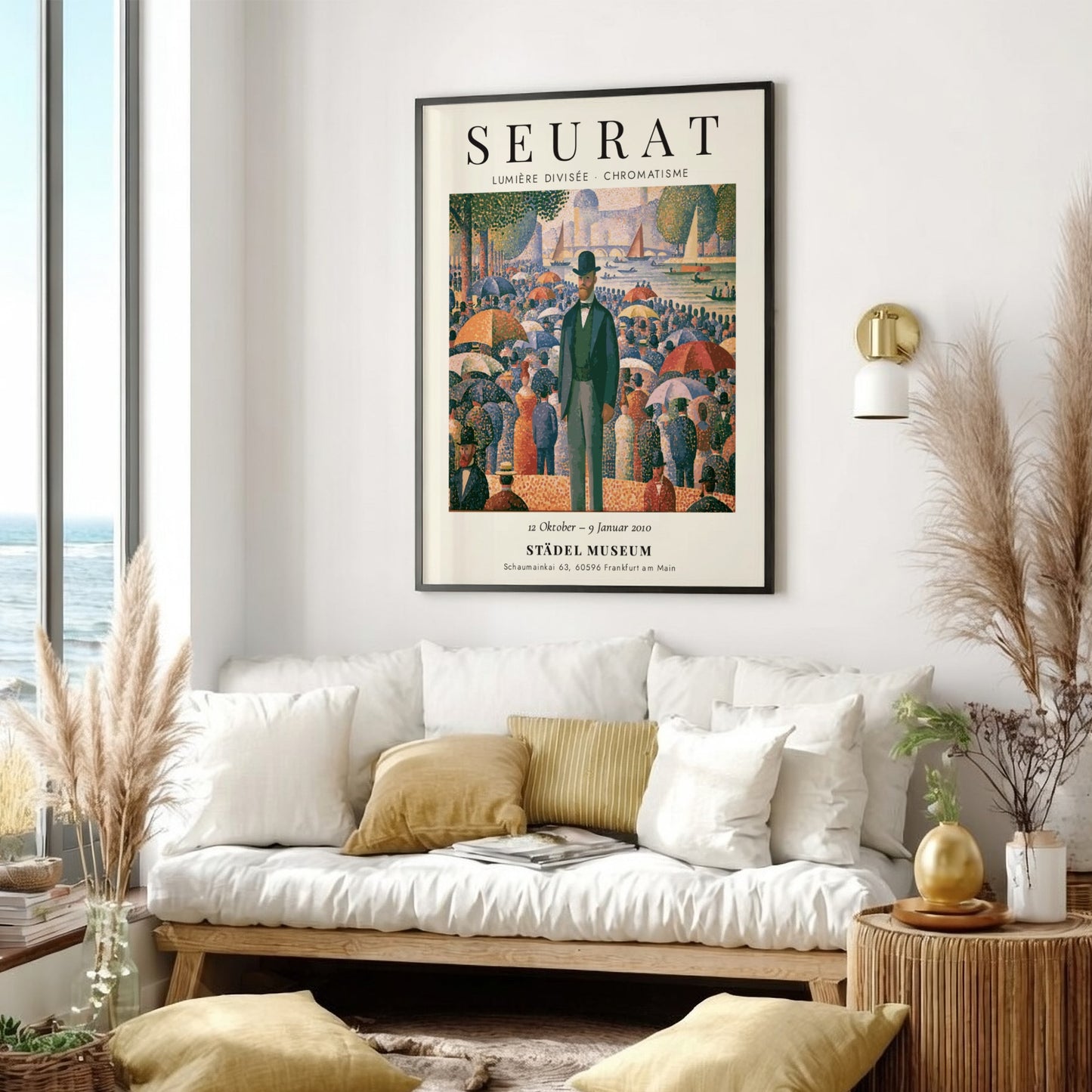 Seurat exhibition poster featuring vibrant colors and pointillist style, showcasing Lumière Divisée -