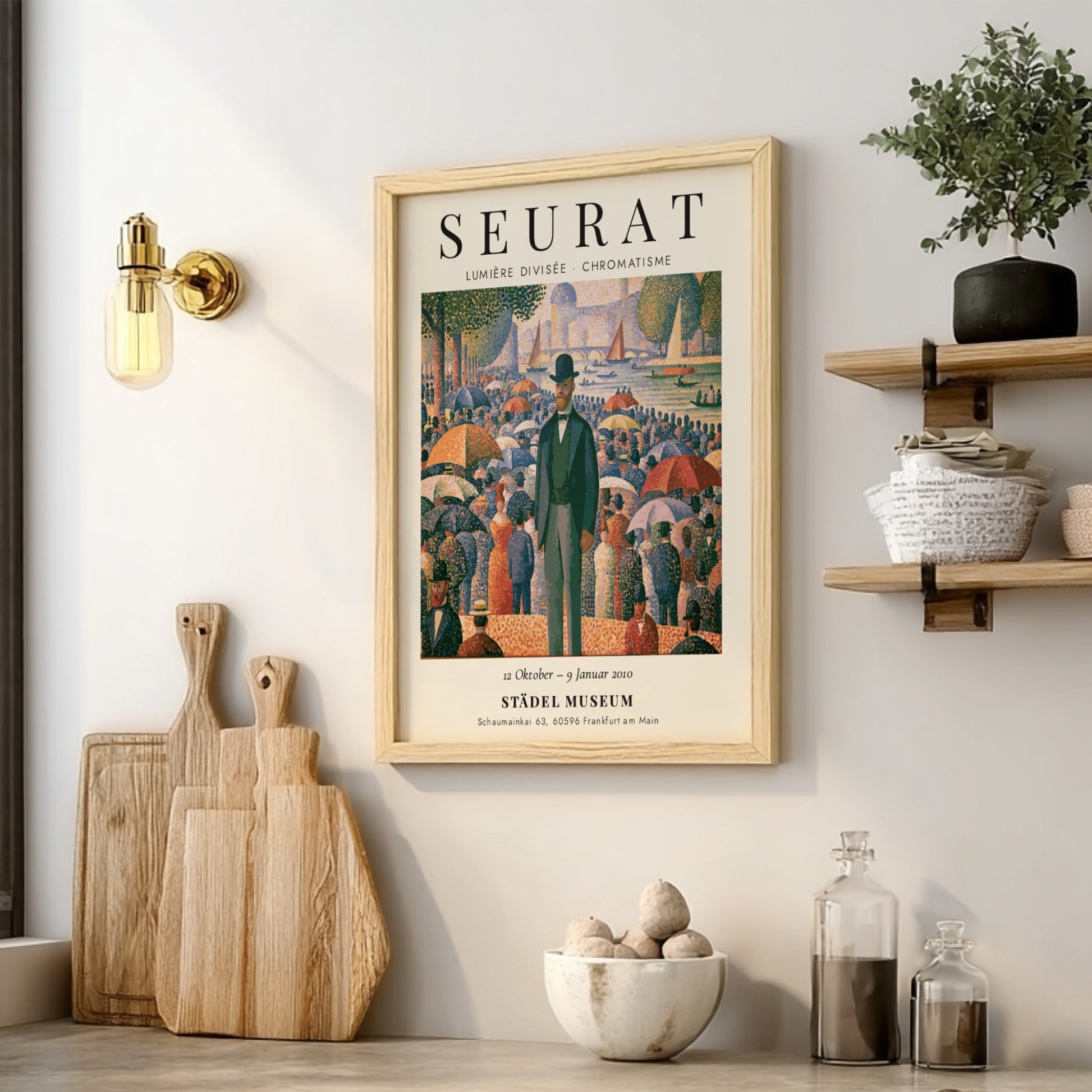 Seurat exhibition poster featuring vibrant colors and pointillist style, showcasing Lumière Divisée -