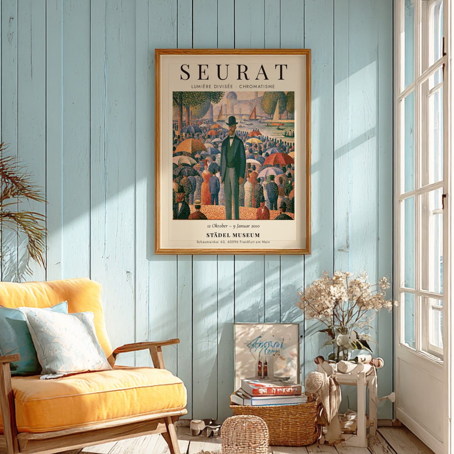 Seurat exhibition poster featuring vibrant colors and pointillist style, showcasing Lumière Divisée -