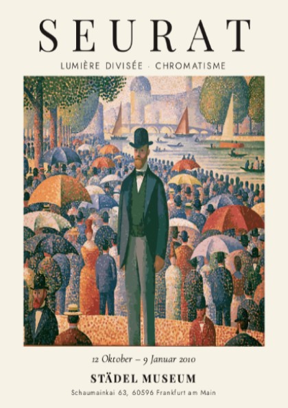 Seurat exhibition poster featuring vibrant colors and pointillist style, showcasing Lumière Divisée -