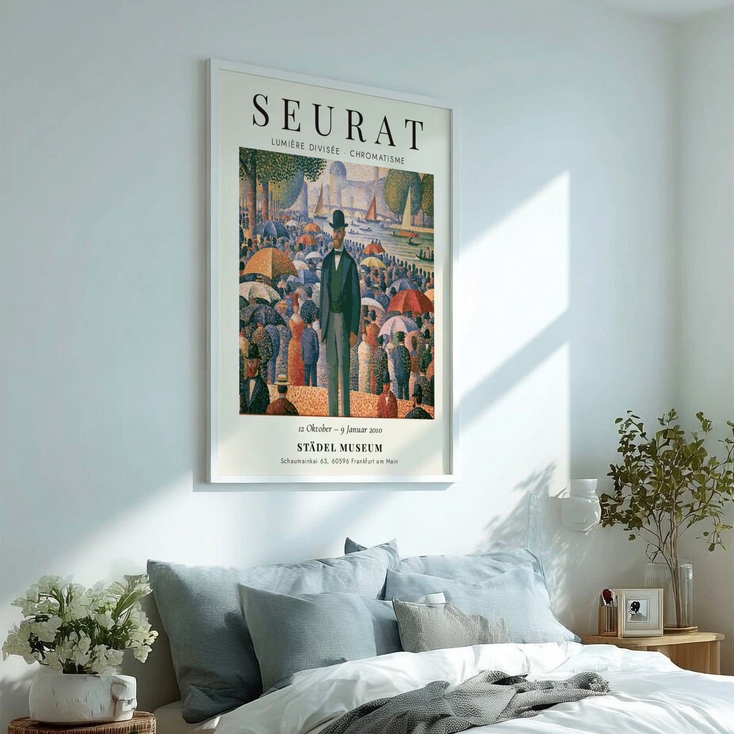 Seurat exhibition poster featuring vibrant colors and pointillist style, showcasing Lumière Divisée -