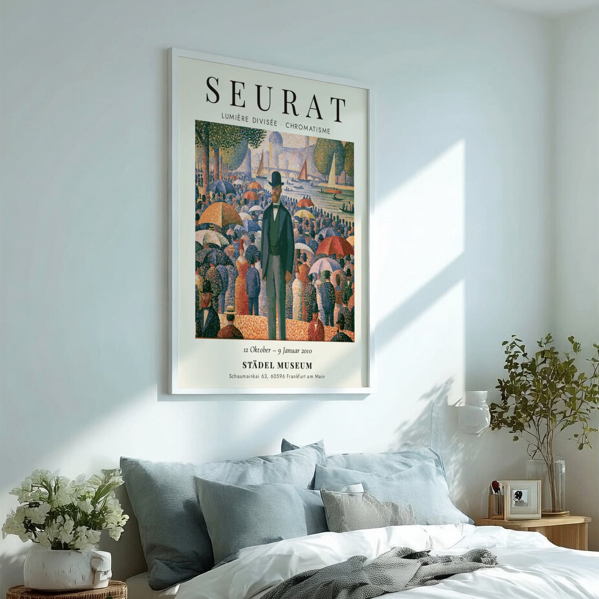 Seurat exhibition poster featuring vibrant colors and pointillist style, showcasing Lumière Divisée -