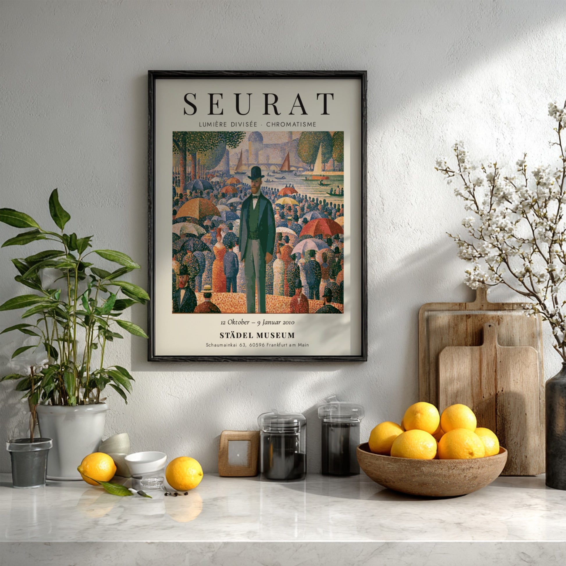 Seurat exhibition poster featuring vibrant colors and pointillist style, showcasing Lumière Divisée -