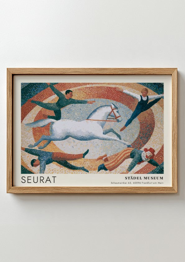 Wall art poster featuring Seurat exhibition text with a pointillist circus scene and horse