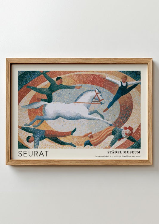 Wall art poster featuring Seurat exhibition text with a pointillist circus scene and horse