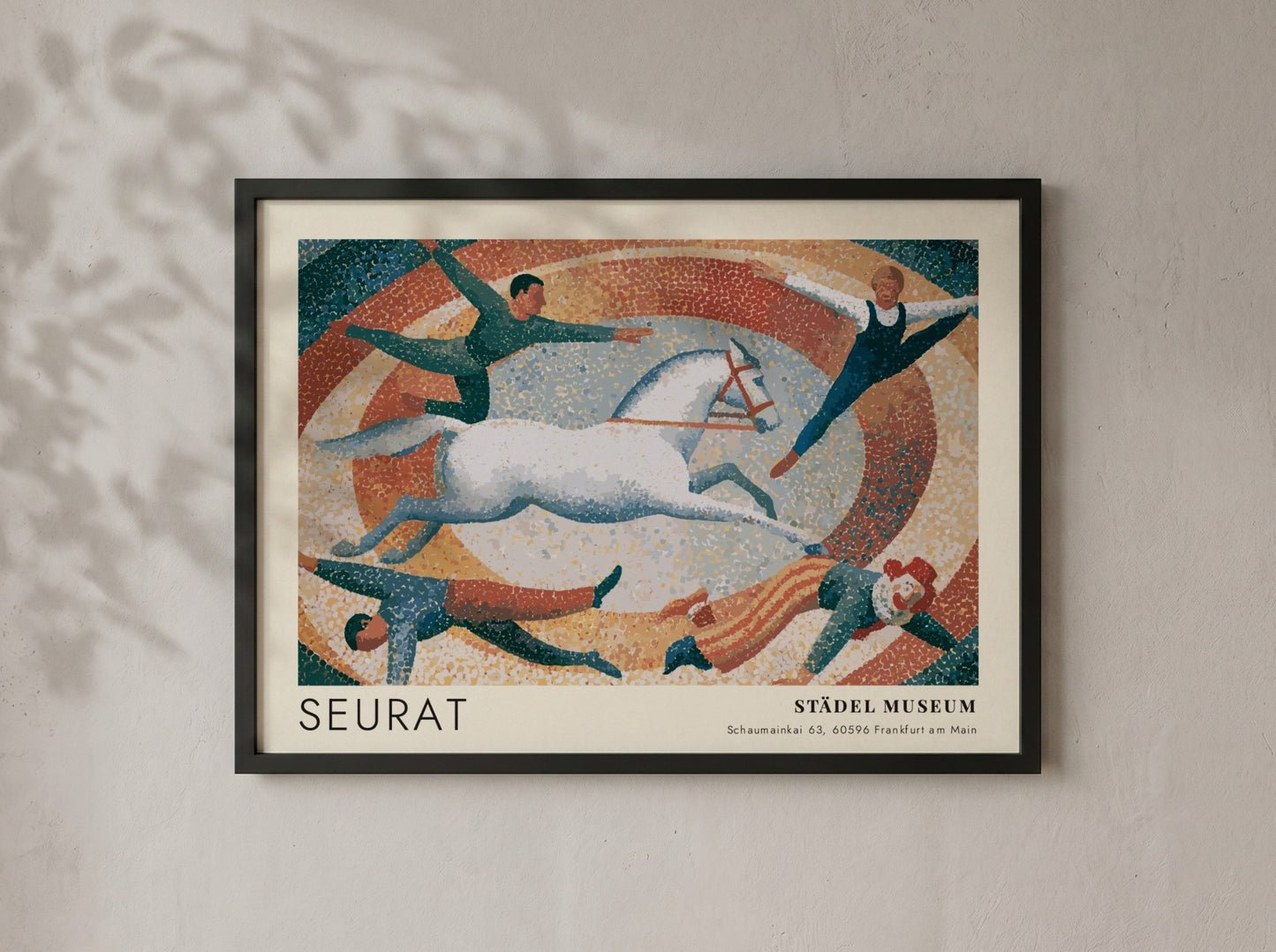 Wall art poster featuring Seurat exhibition text with a pointillist circus scene and horse