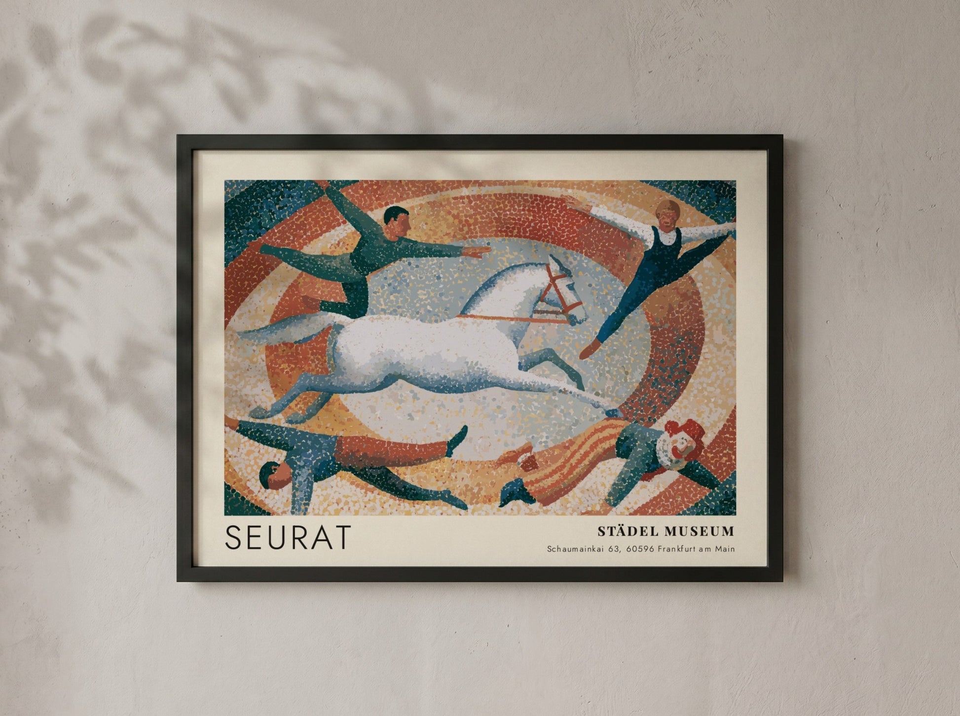 Wall art poster featuring Seurat exhibition text with a pointillist circus scene and horse