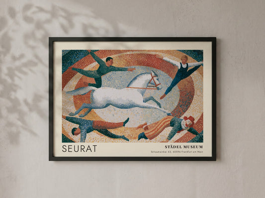 Wall art poster featuring Seurat exhibition text with a pointillist circus scene and horse