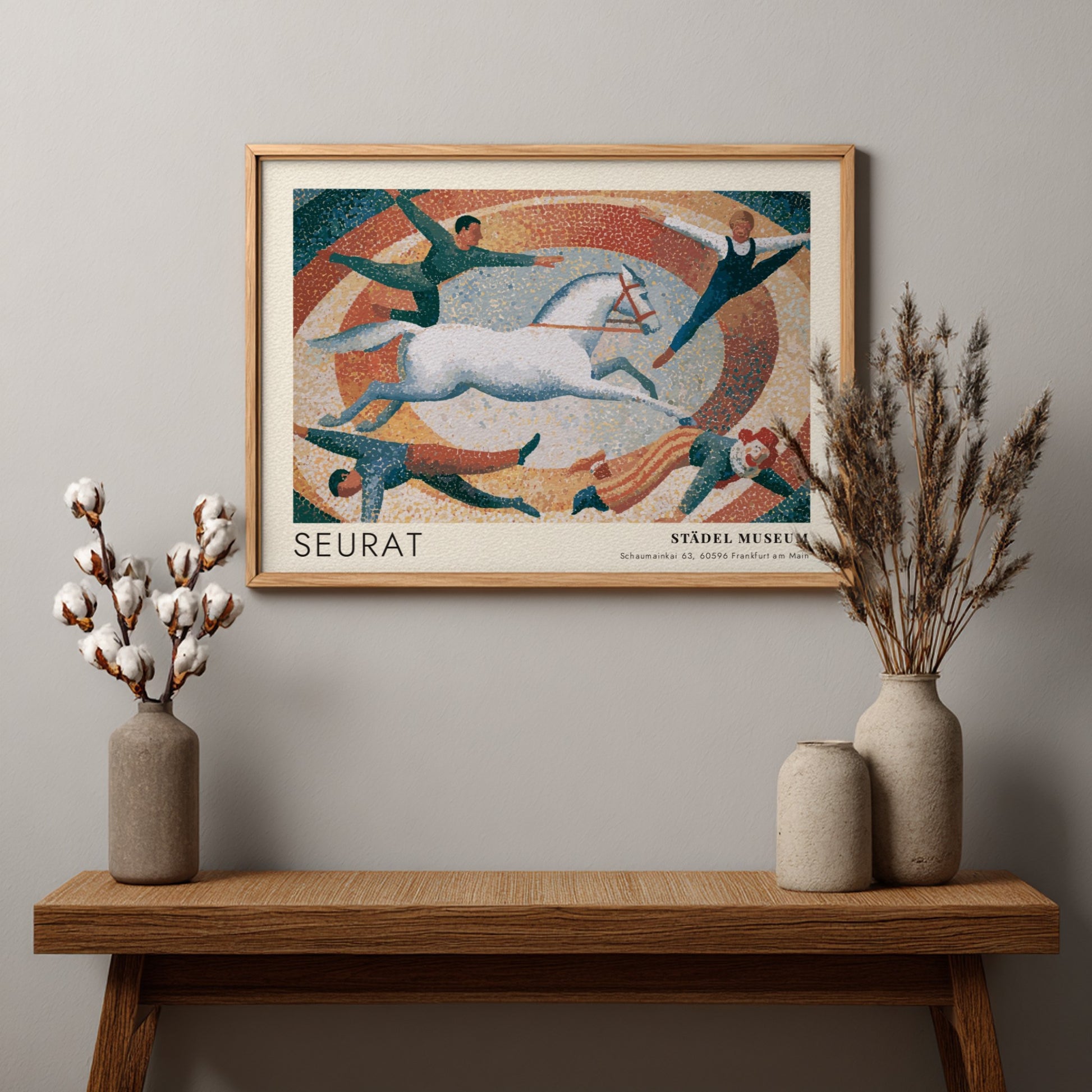 Wall art poster featuring Seurat exhibition text with a pointillist circus scene and horse