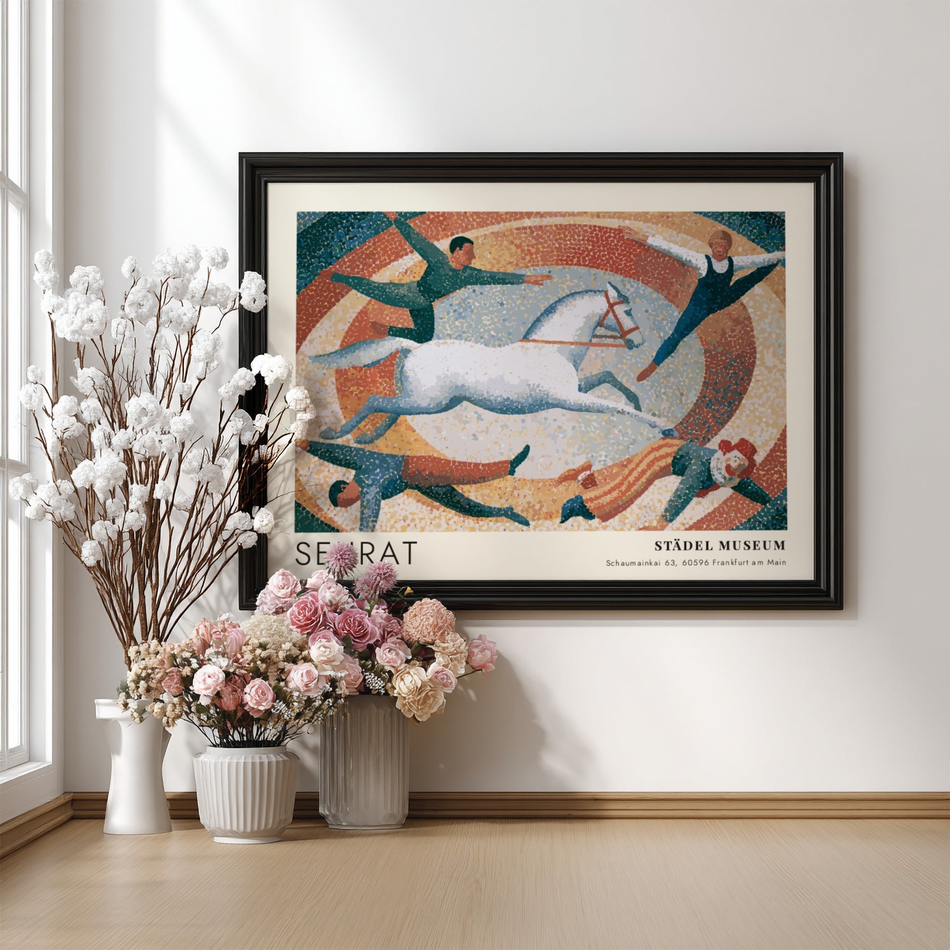 Wall art poster featuring Seurat exhibition text with a pointillist circus scene and horse