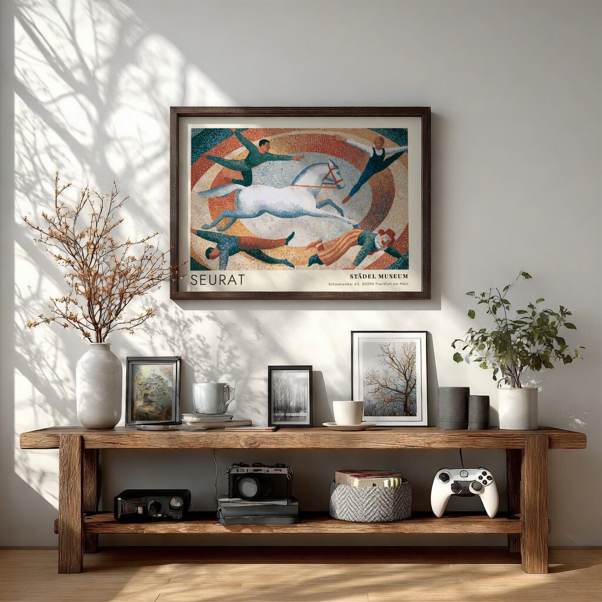 Wall art poster featuring Seurat exhibition text with a pointillist circus scene and horse