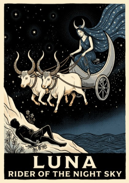 Poster featuring a moon goddess in a crescent chariot drawn by white oxen.