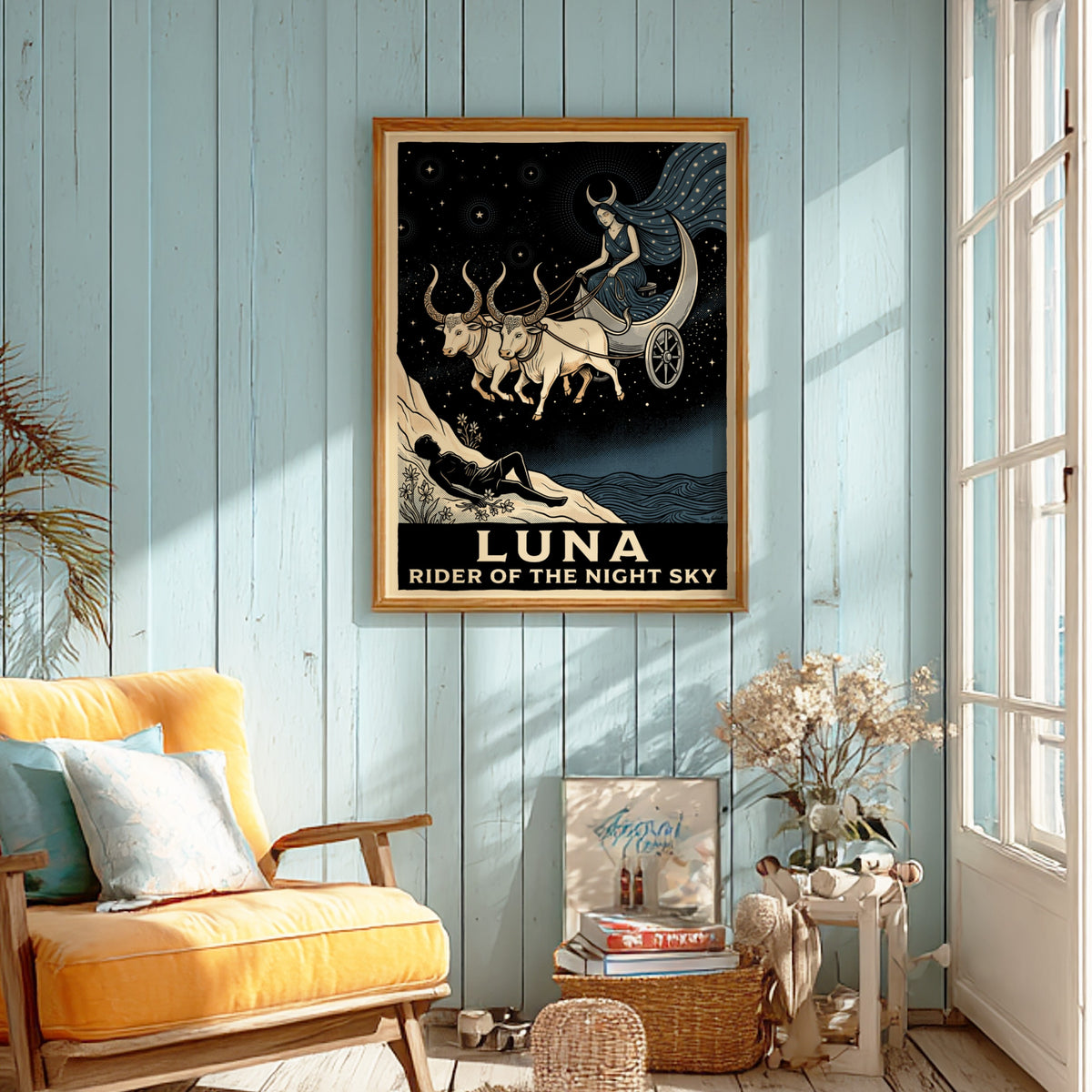 Poster featuring a moon goddess in a crescent chariot drawn by white oxen.