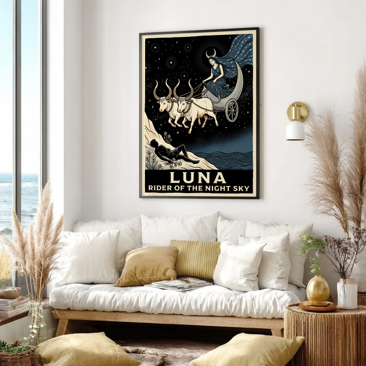 Poster featuring a moon goddess in a crescent chariot drawn by white oxen.