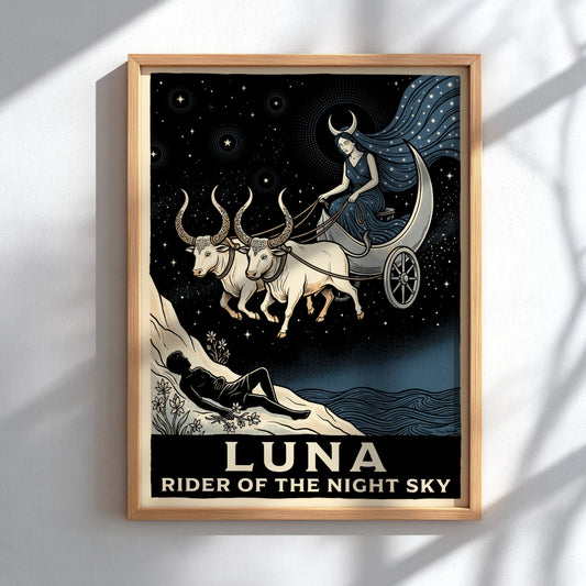 Poster featuring a moon goddess in a crescent chariot drawn by white oxen.
