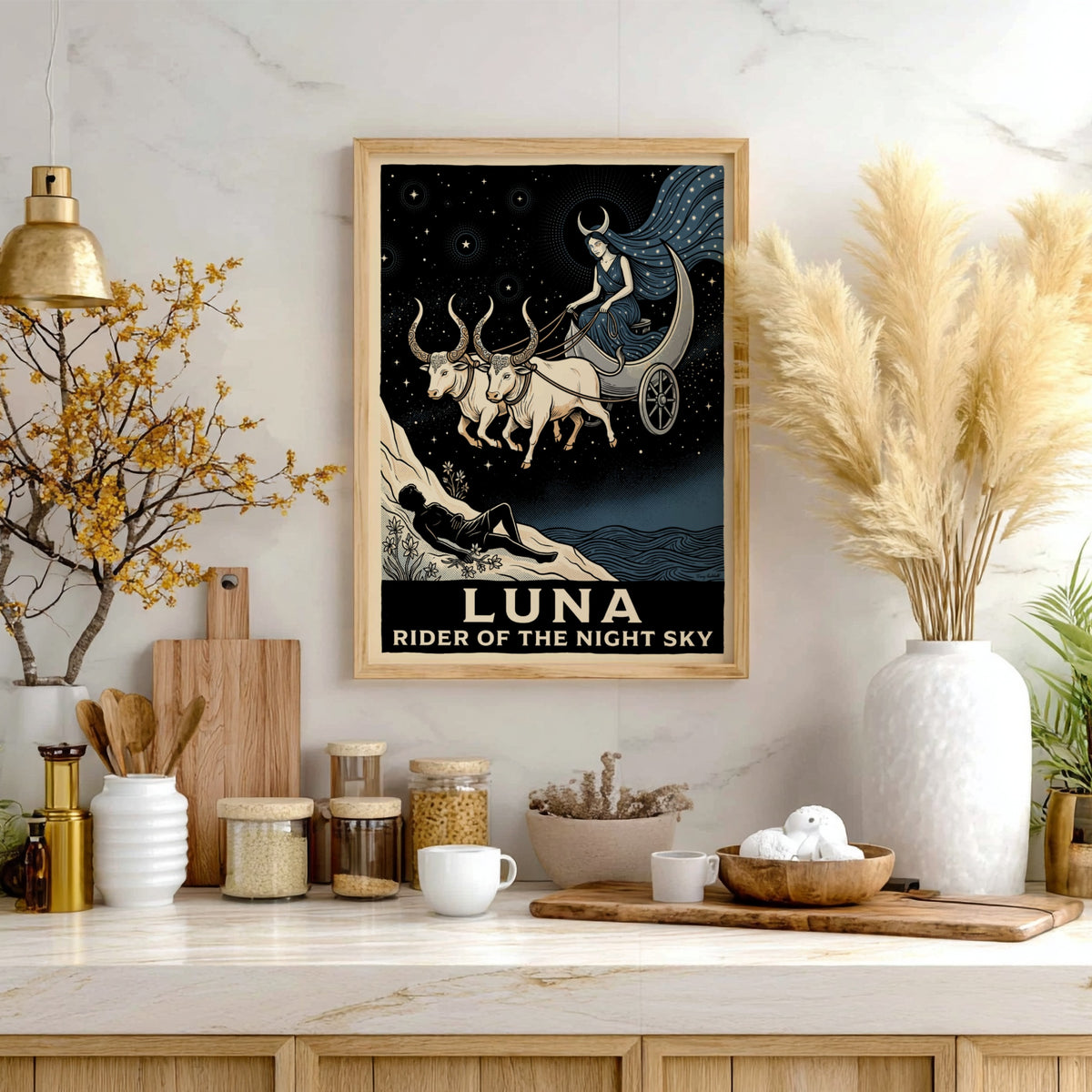 Poster featuring a moon goddess in a crescent chariot drawn by white oxen.