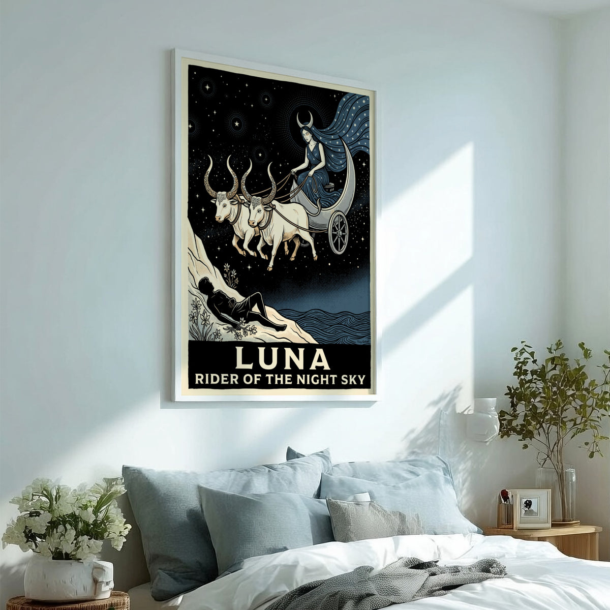 Poster featuring a moon goddess in a crescent chariot drawn by white oxen.