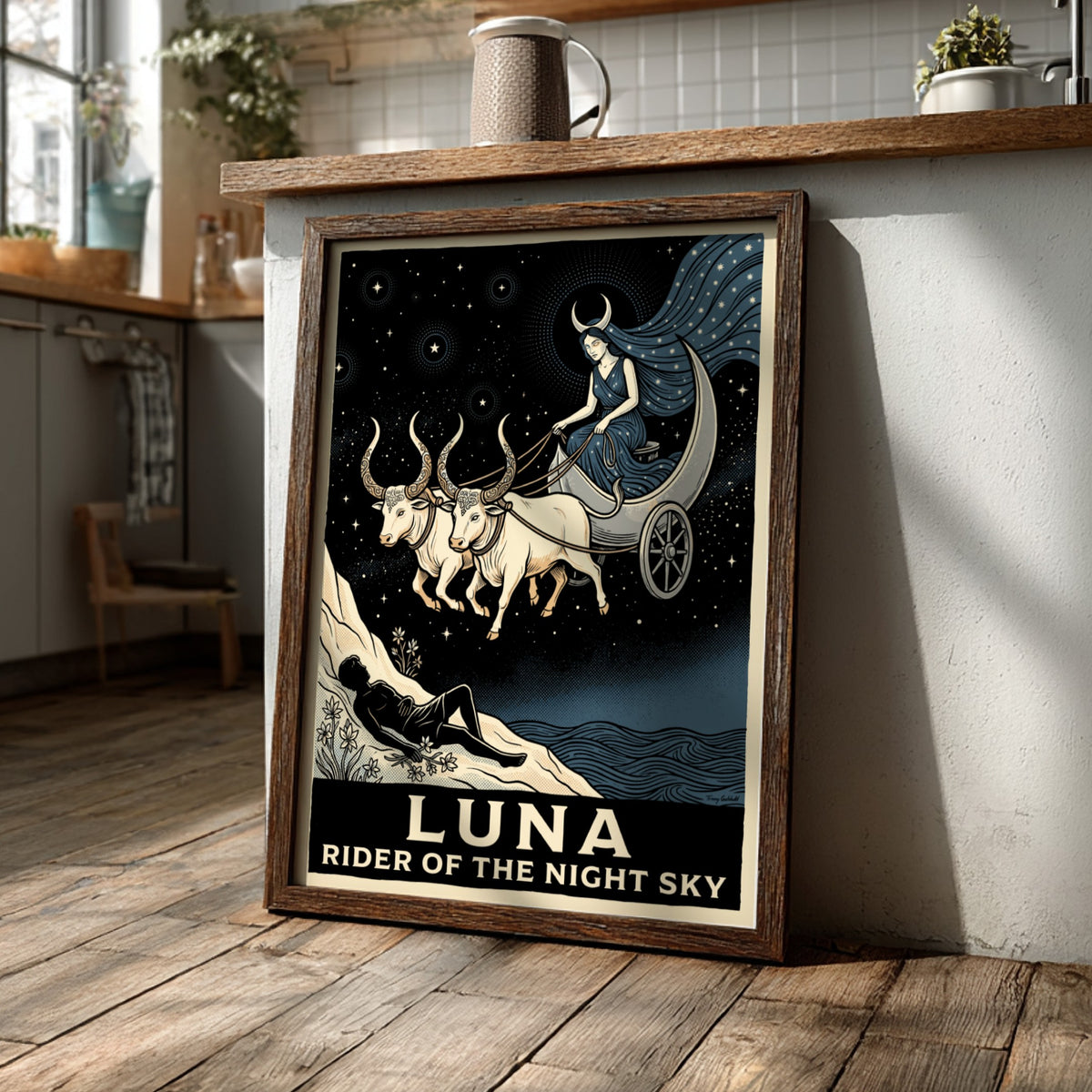 Poster featuring a moon goddess in a crescent chariot drawn by white oxen.
