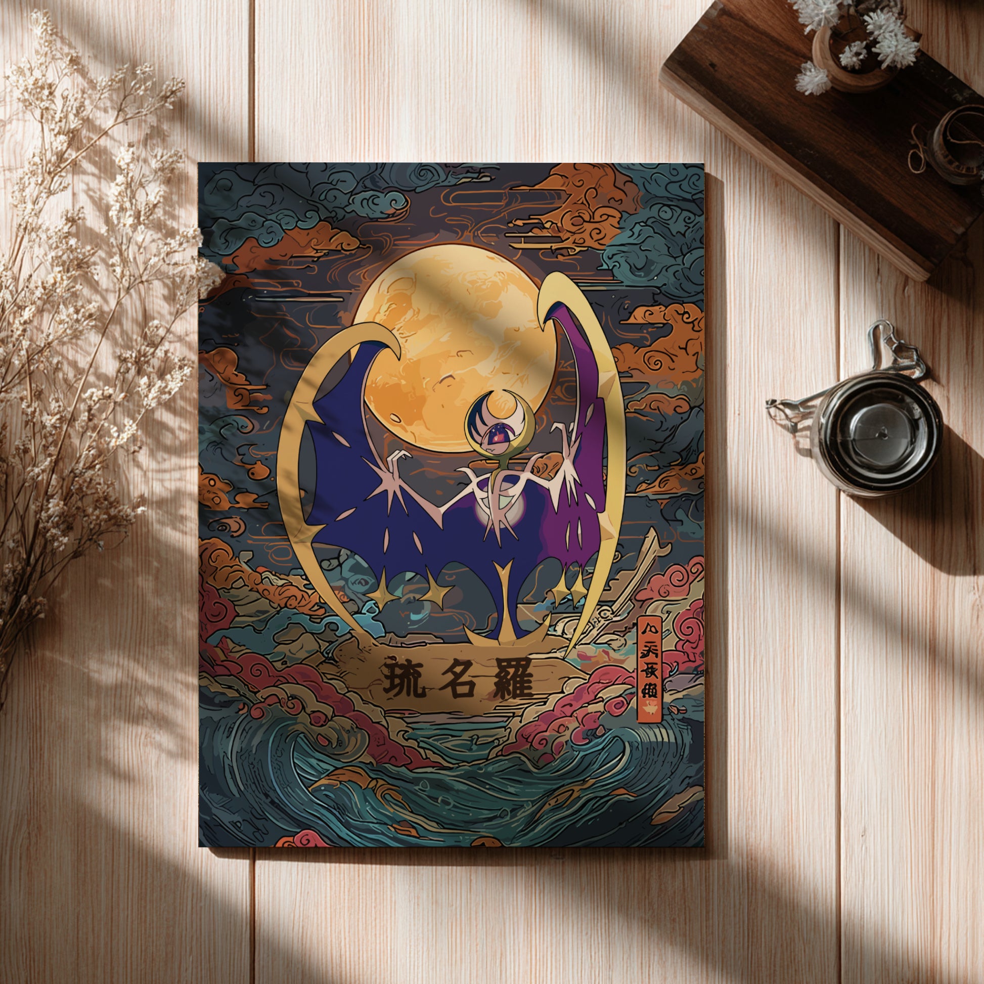 Decorative poster with a stylized design of Lunala Pokemon on a wooden surface
