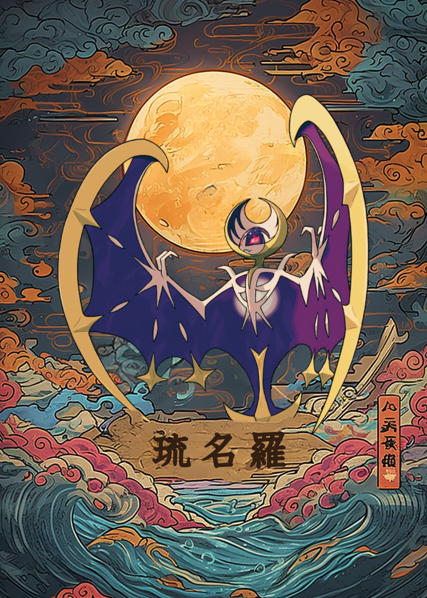 Colorful illustration with a stylized Lunala Pokemon character and traditional elements