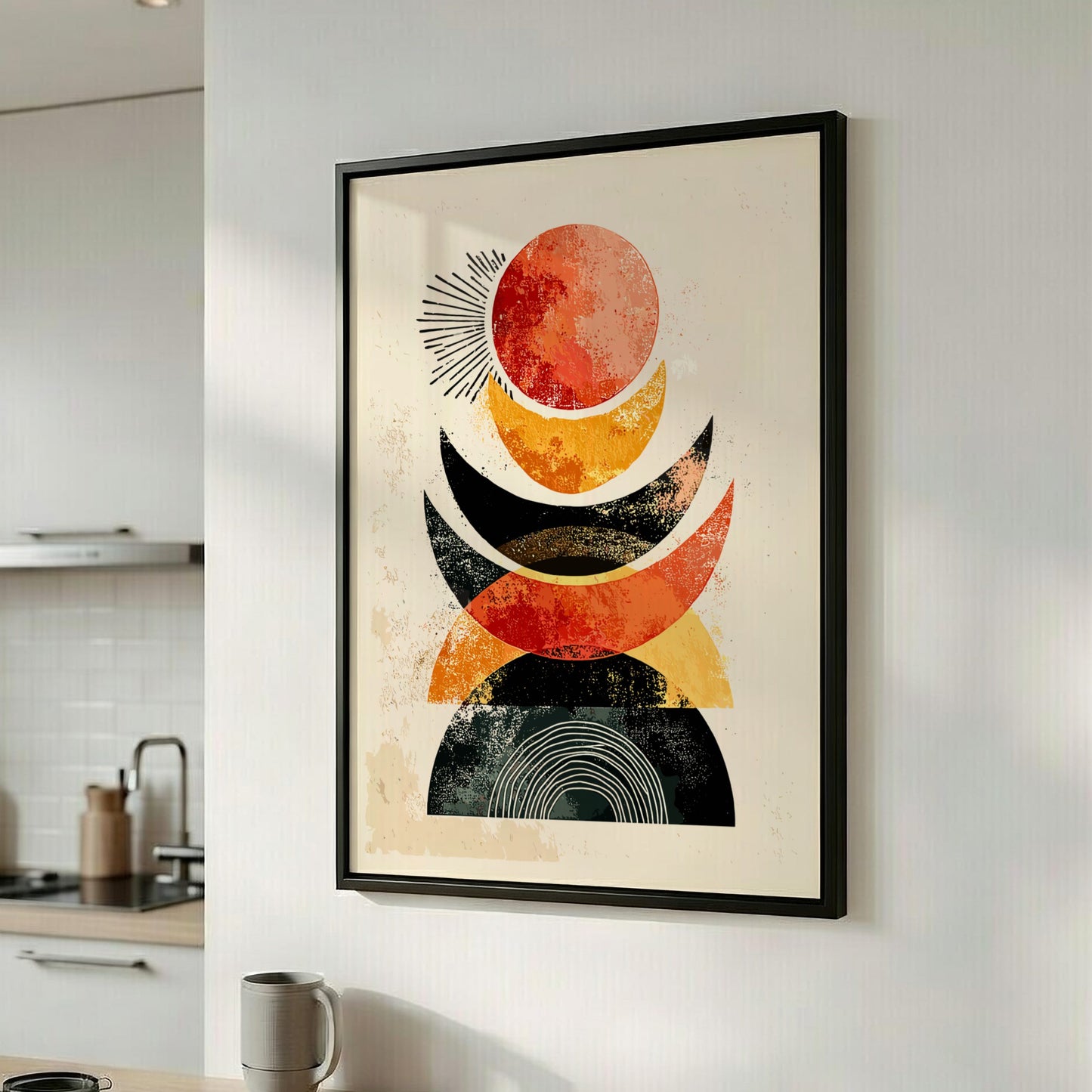 Abstract art print with geometric shapes in red, orange, and black on a beige background, framed in a modern kitchen.