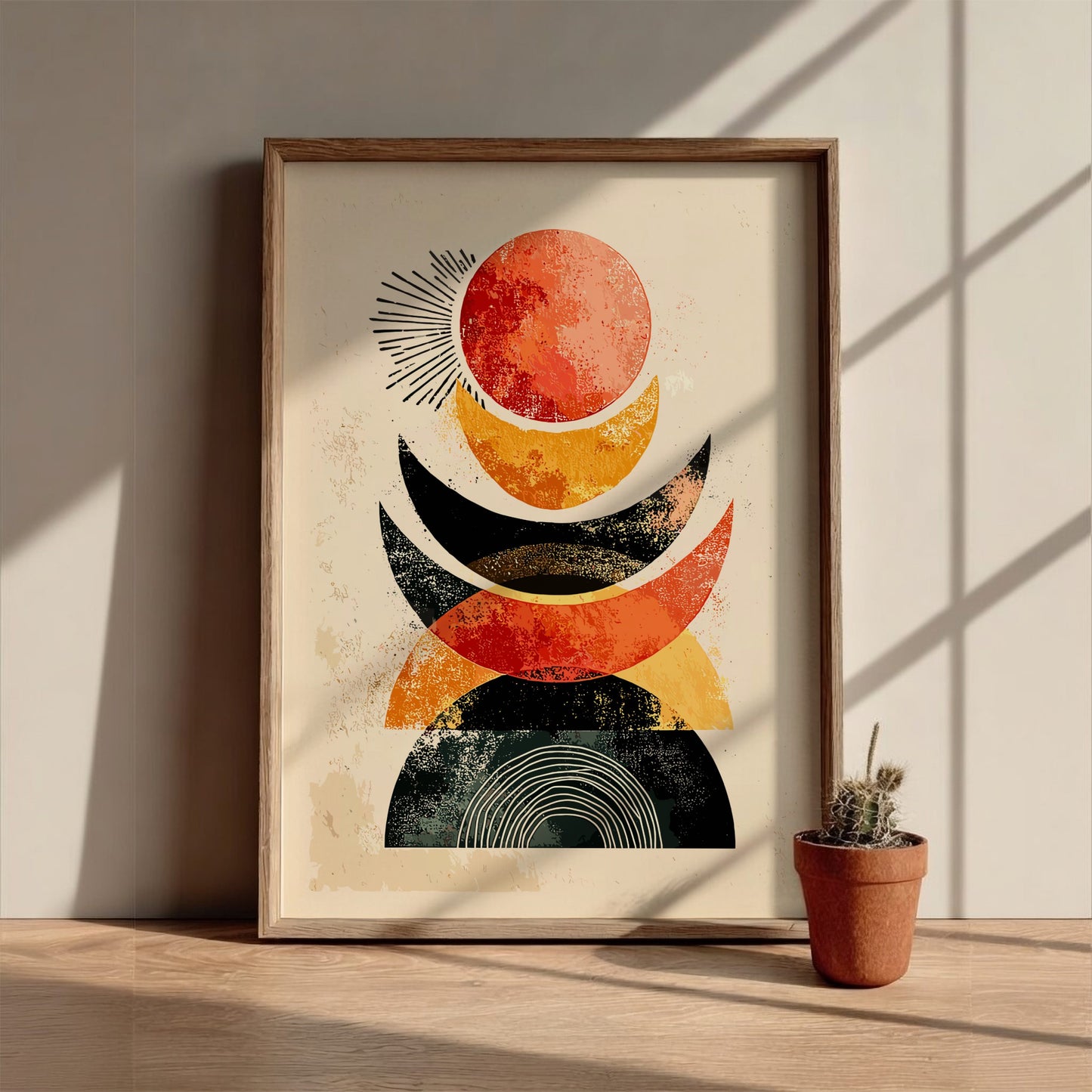 Framed abstract art print with geometric shapes on a wall next to a potted plant.