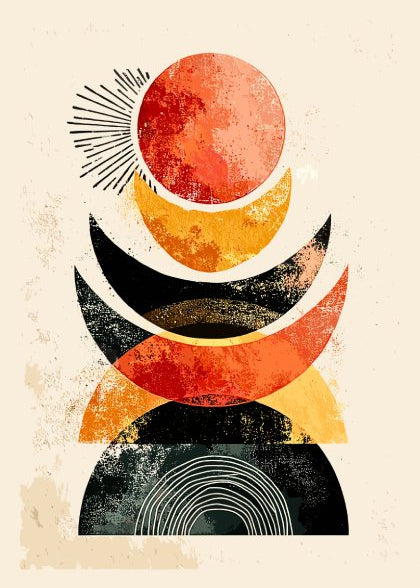 Abstract art with geometric shapes in red, orange, and black on a beige background