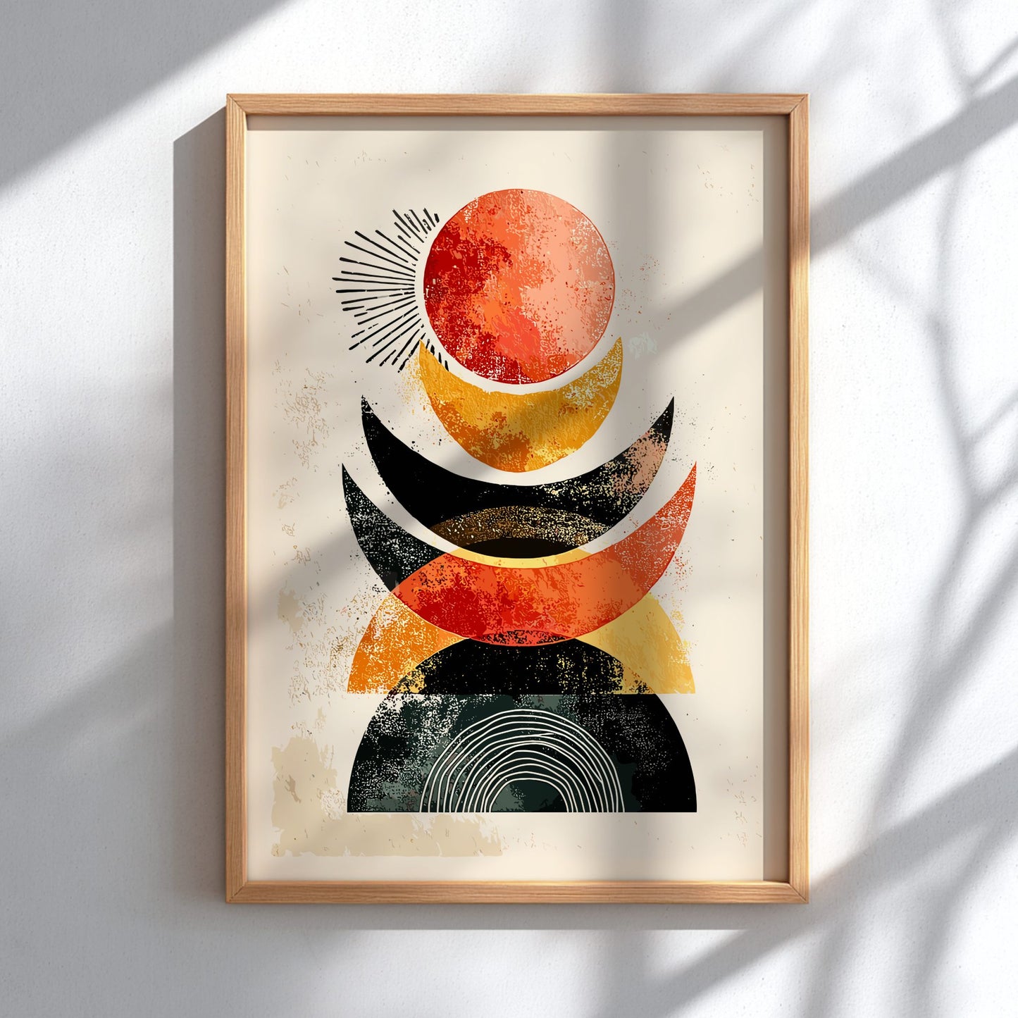 Framed abstract art print with geometric shapes on a light background