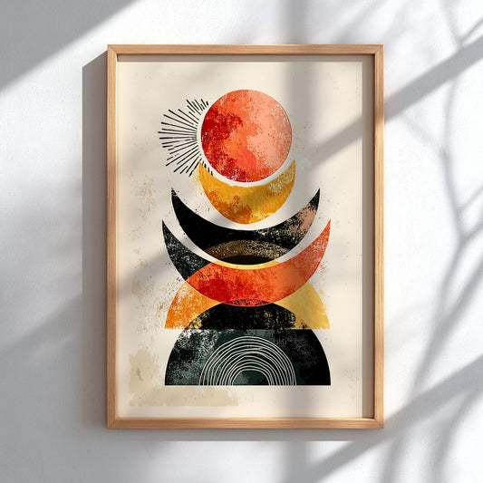 Framed abstract art print with geometric shapes on a light background