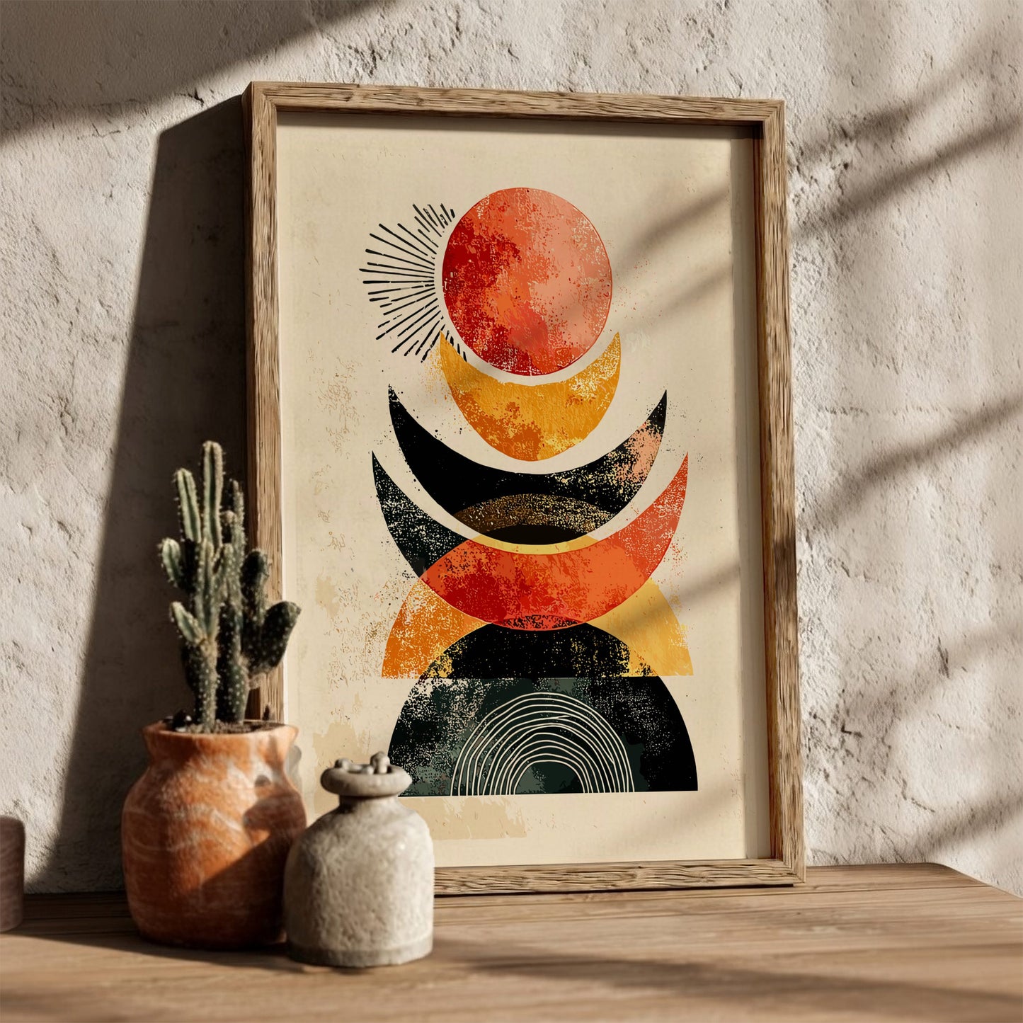 Framed abstract art print with geometric shapes on a textured wall with decor items.