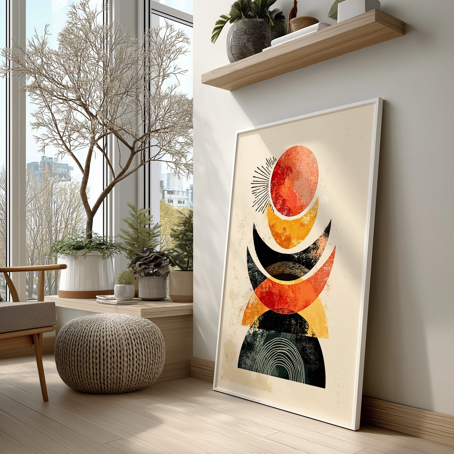 Modern interior with abstract art on the wall, plants, and wooden furniture.