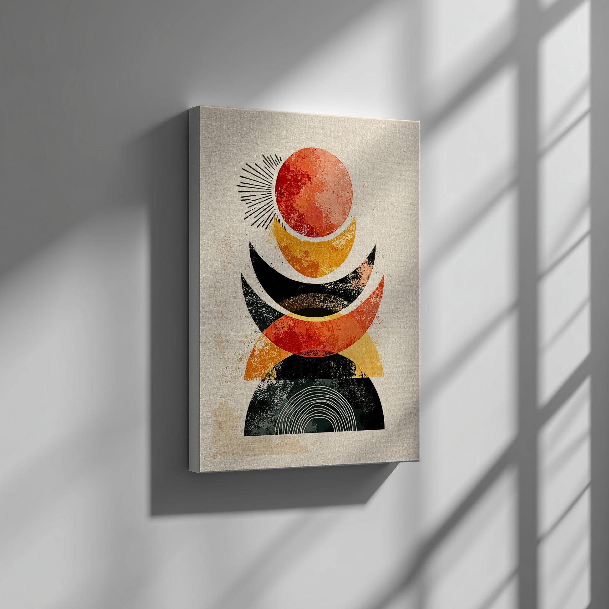 Abstract canvas print on a wall with geometric shapes and warm colors.