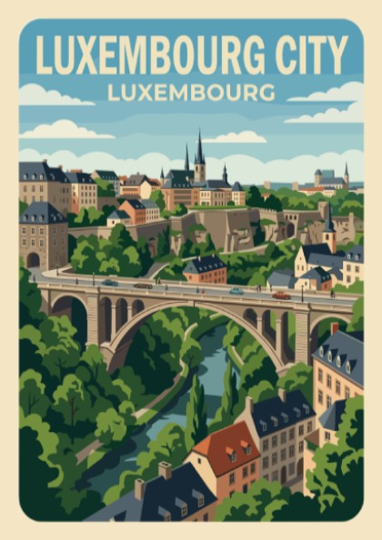 Poster of Luxembourg City featuring a historic stone bridge over a lush valley.
