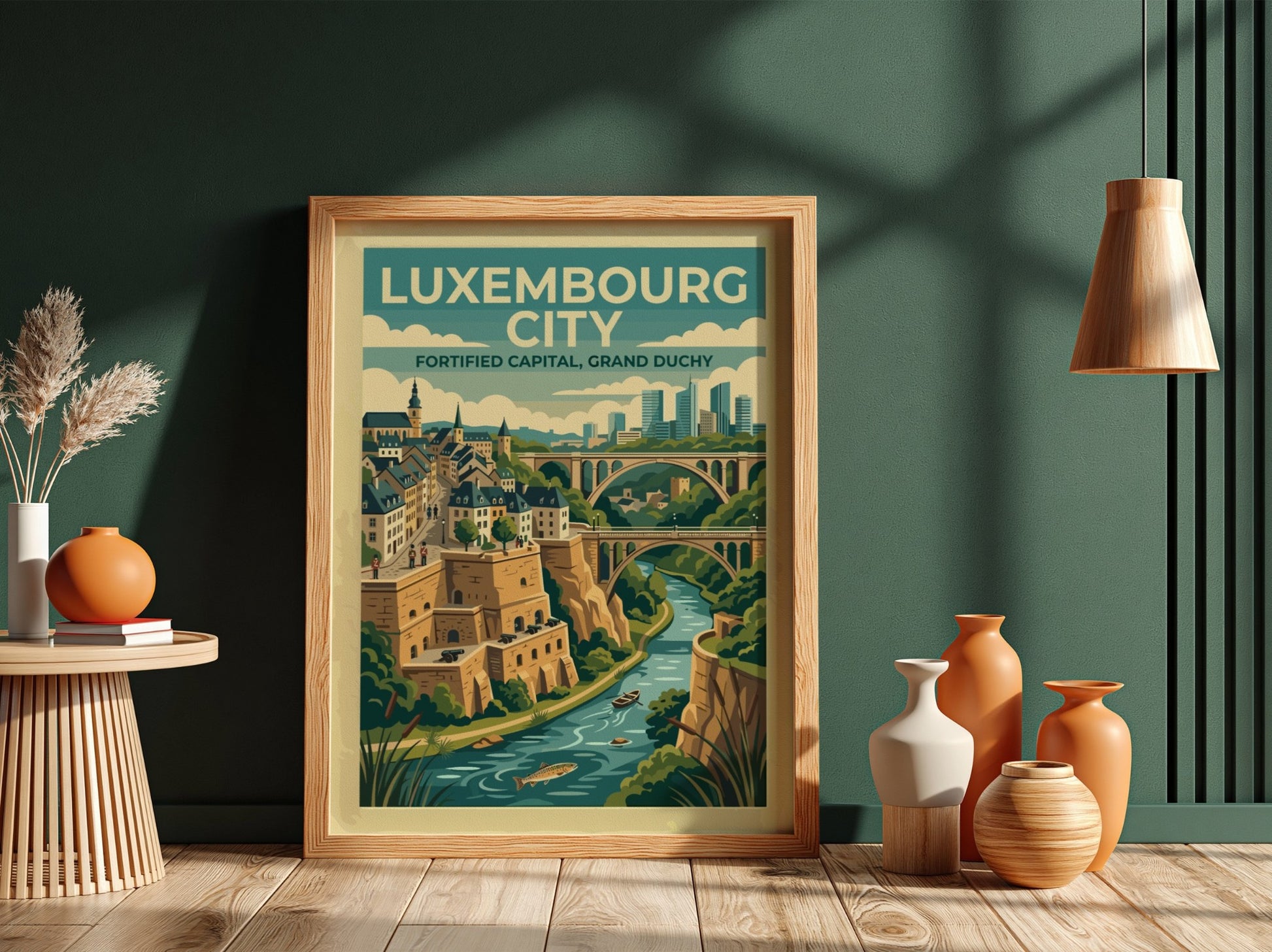 Travel poster of Luxembourg City featuring stone fortifications, arched bridges, and a river.