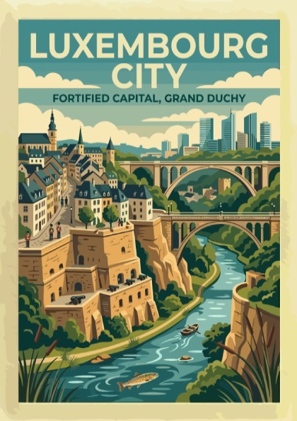 Travel poster of Luxembourg City featuring stone fortifications, arched bridges, and a river.