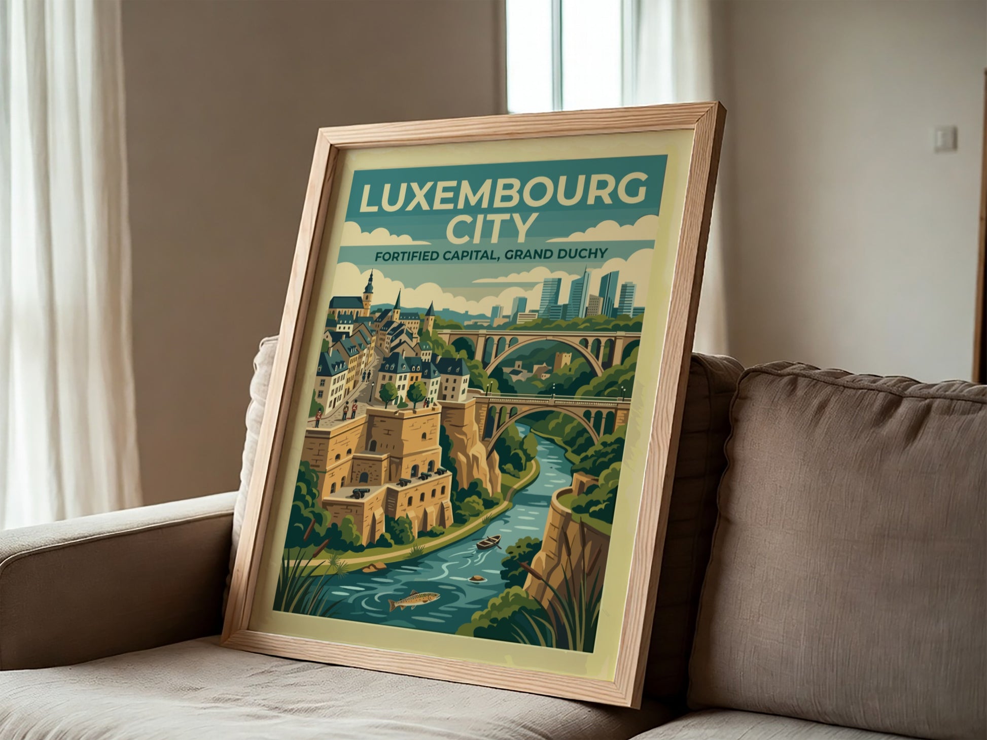 Travel poster of Luxembourg City featuring stone fortifications, arched bridges, and a river.