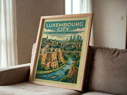 Travel poster of Luxembourg City featuring stone fortifications, arched bridges, and a river.