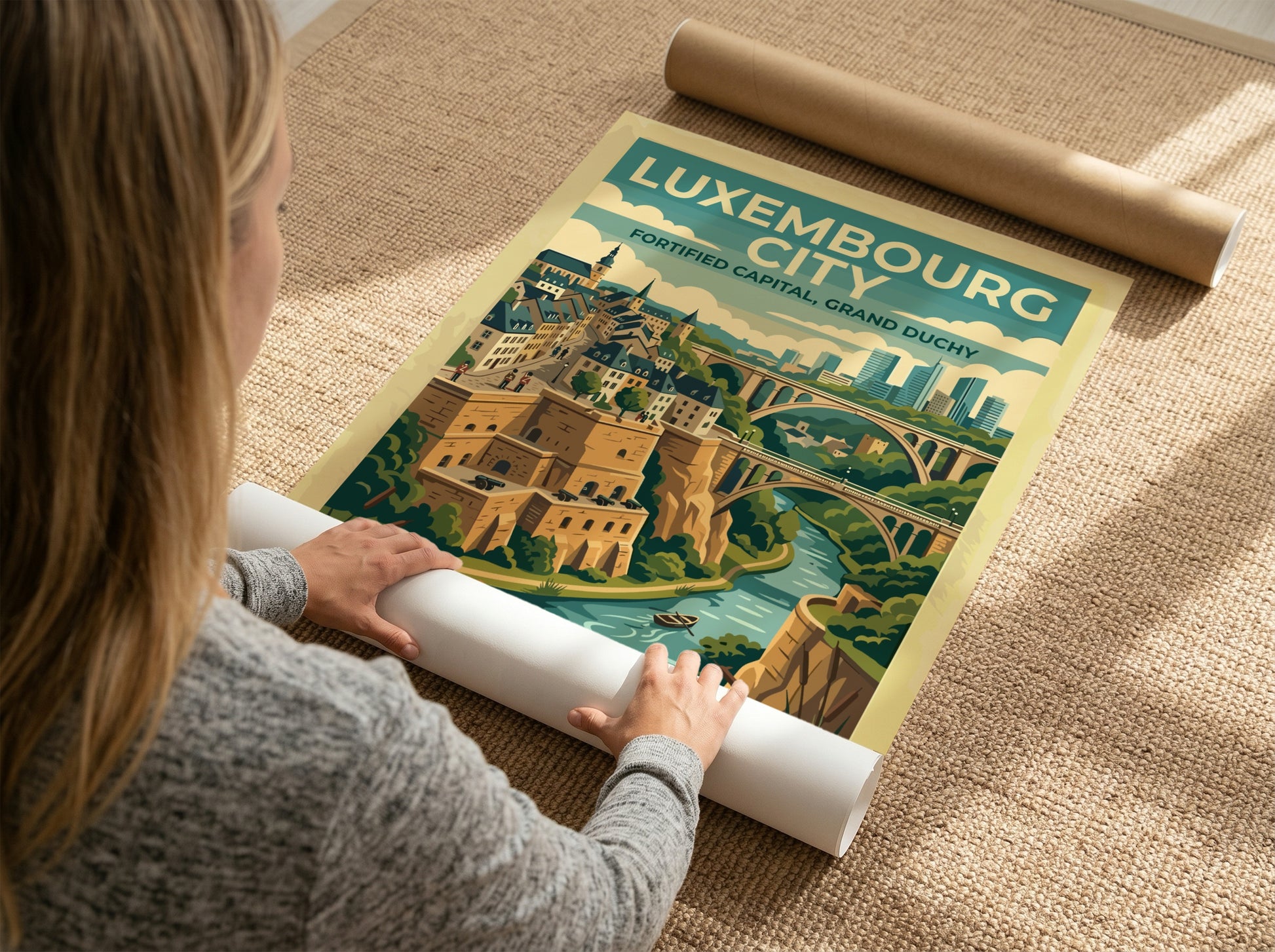 Travel poster of Luxembourg City featuring stone fortifications, arched bridges, and a river.