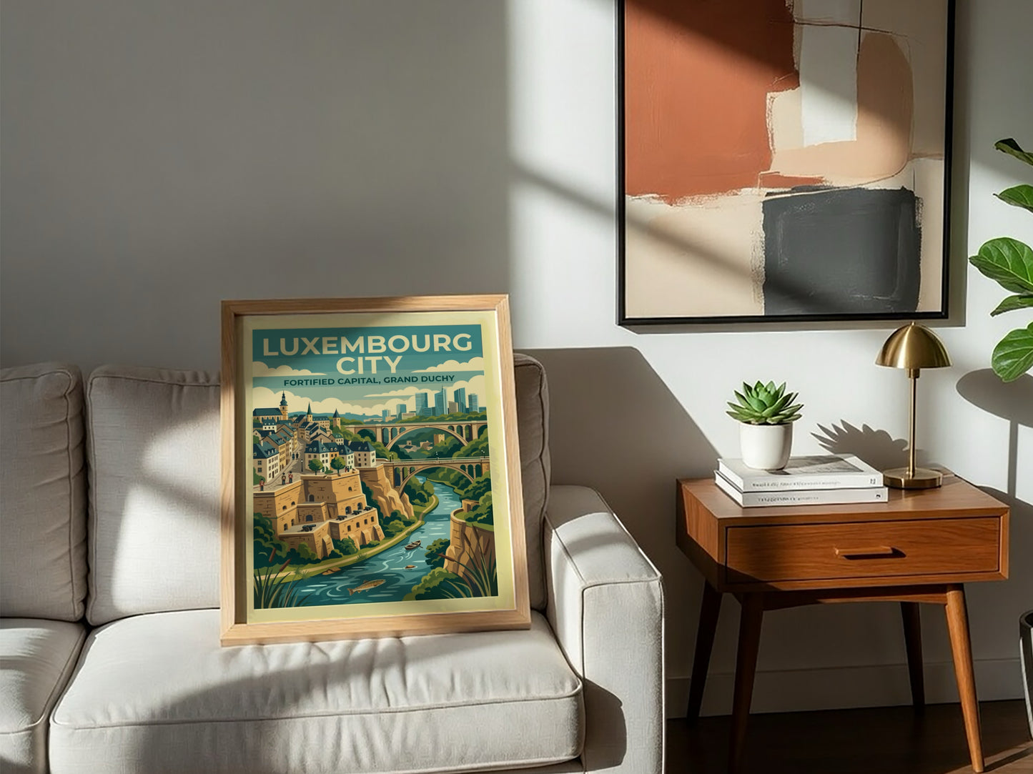Travel poster of Luxembourg City featuring stone fortifications, arched bridges, and a river.