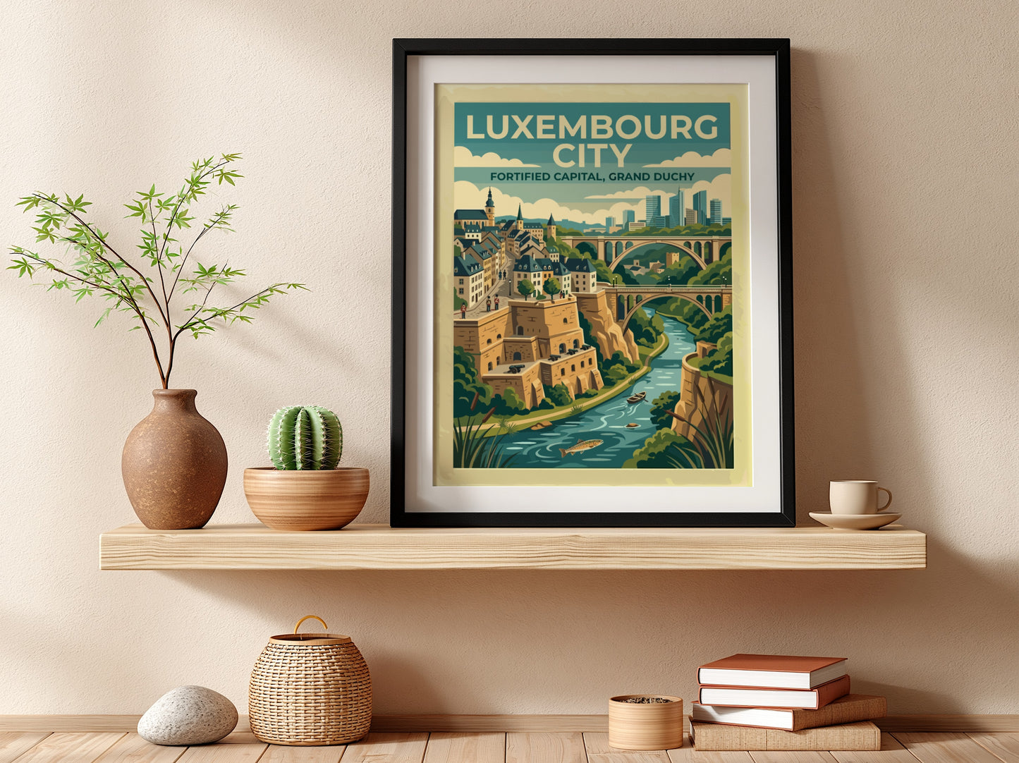 Travel poster of Luxembourg City featuring stone fortifications, arched bridges, and a river.