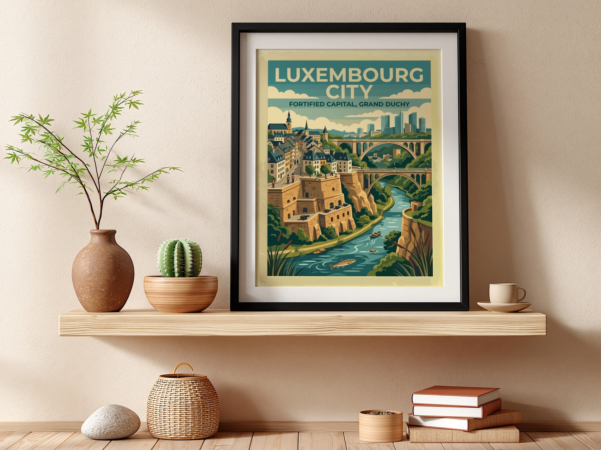 Travel poster of Luxembourg City featuring stone fortifications, arched bridges, and a river.